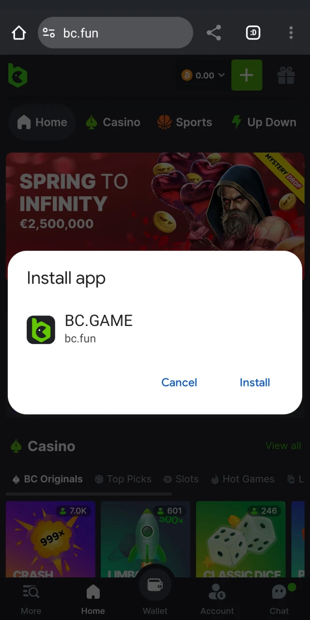 Complete the installation of the BC.Game app on your Android device.