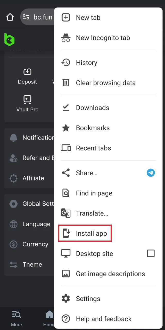 Once the browser menu is open, select the 'Install' option.