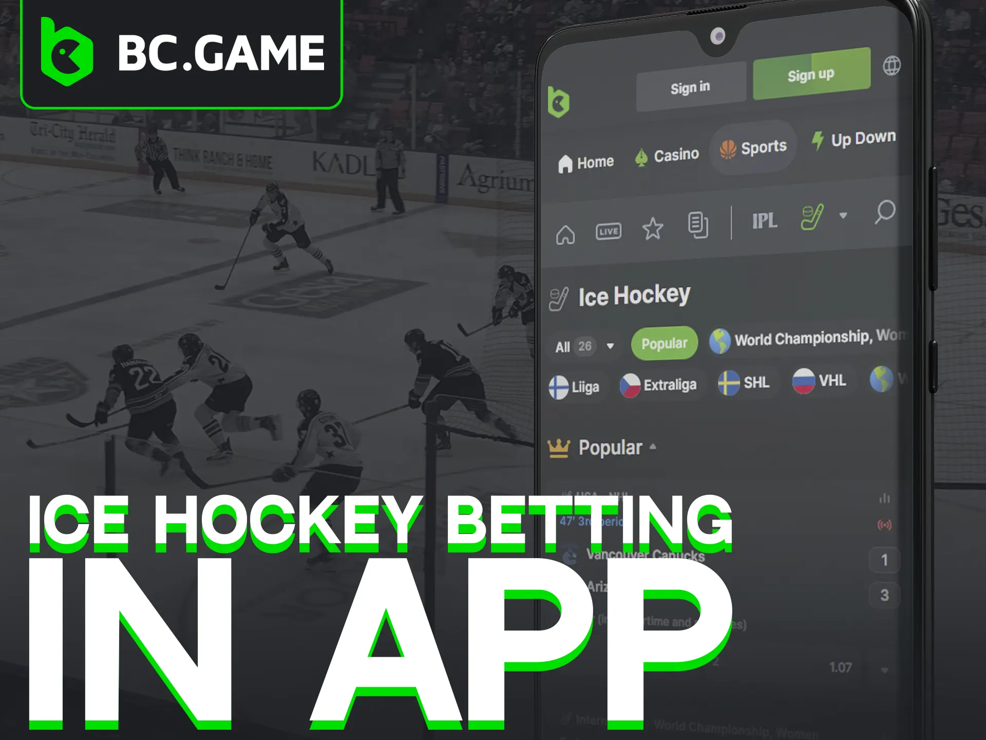 Manage your hockey bets effortlessly using the BC Game mobile app.