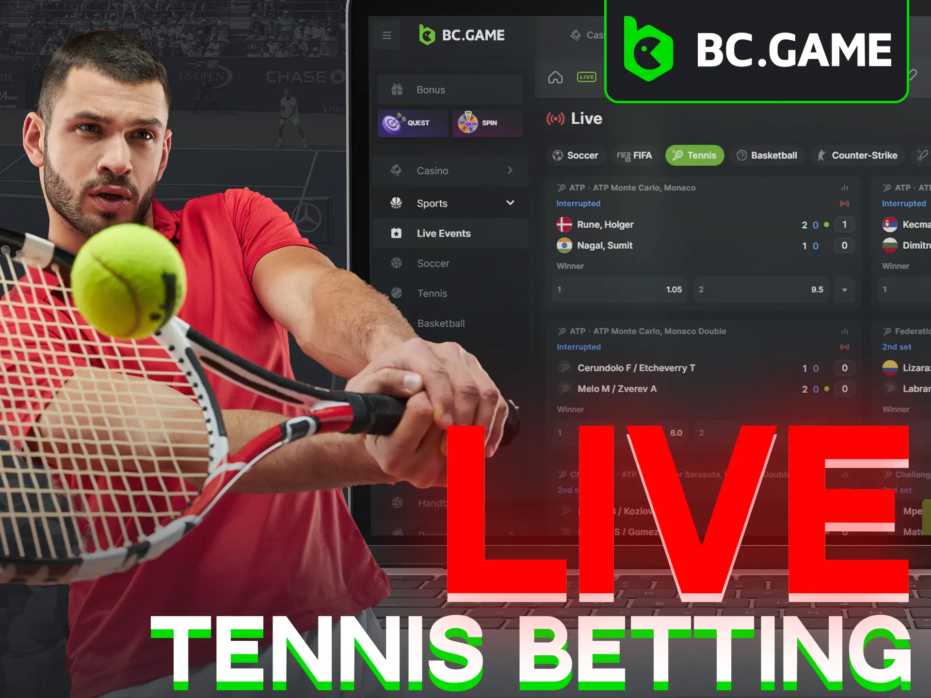 Boost your potential winnings by betting on live tennis at BC Game.