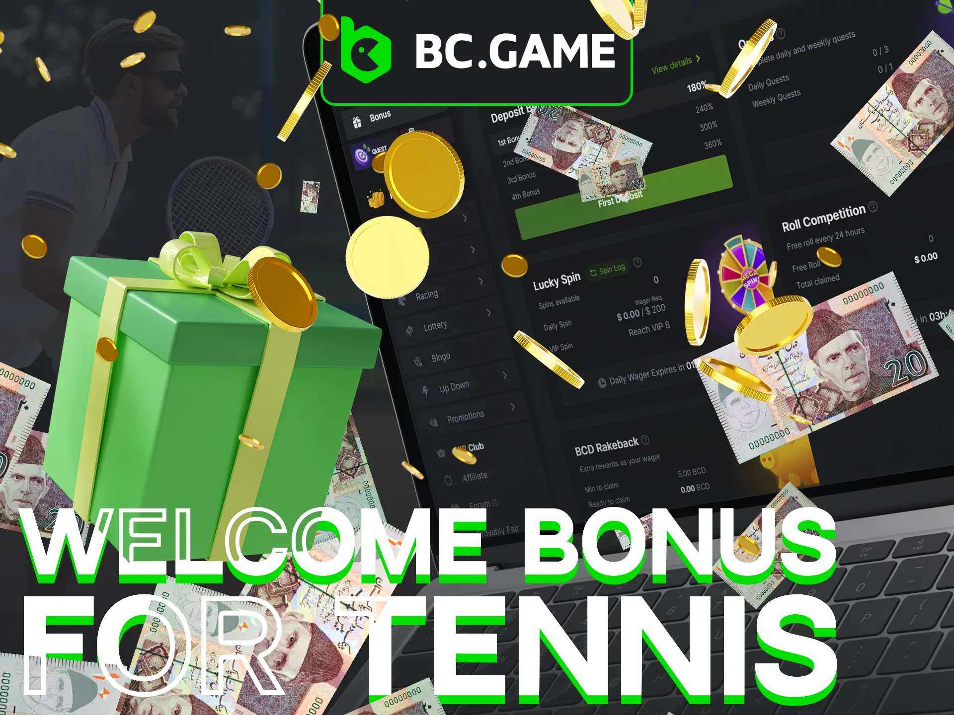 Boost your tennis bets with BC Game's generous deposit bonuses for new players.