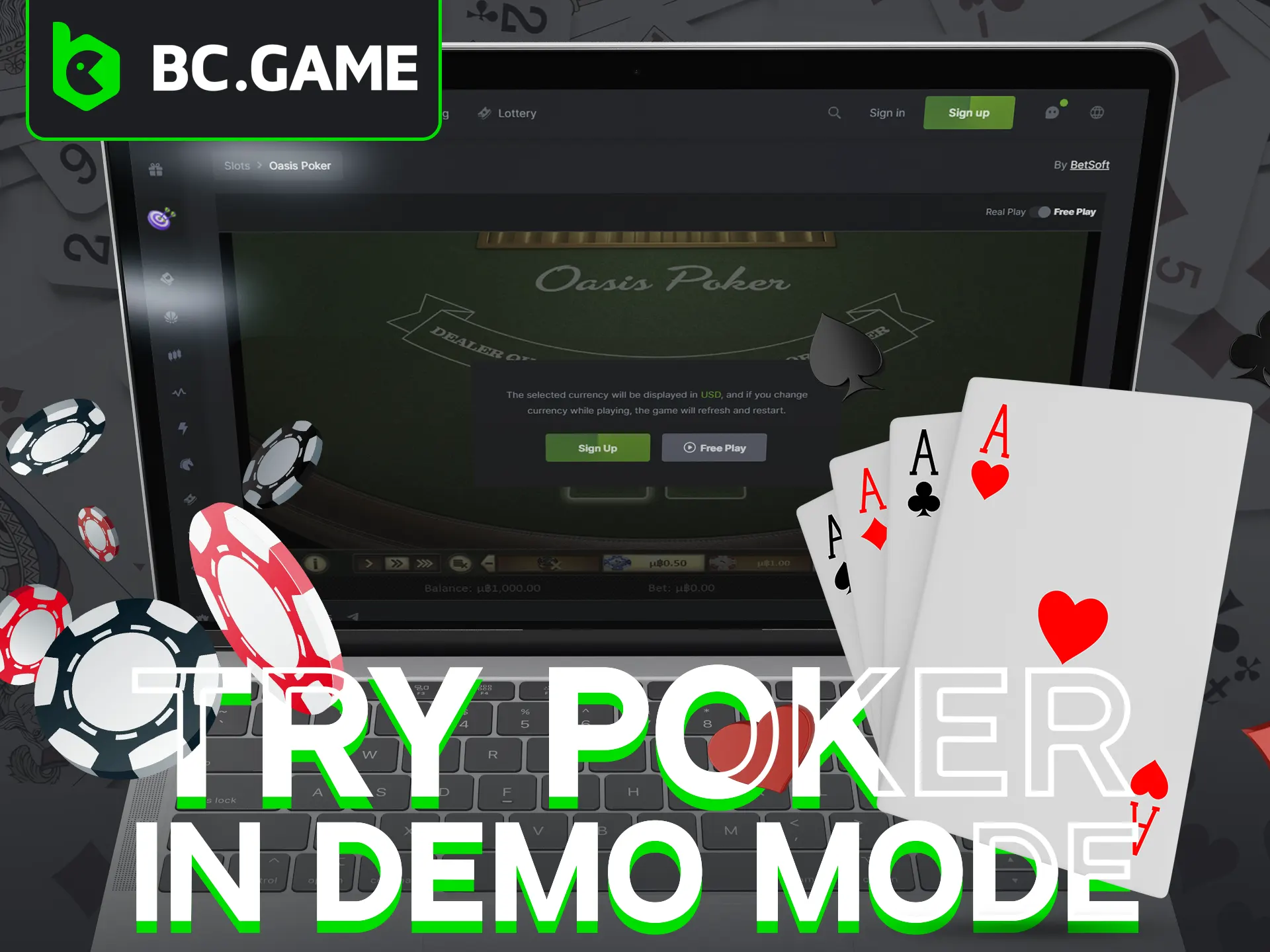 Practice your skills for free with BC Game's poker demo mode.