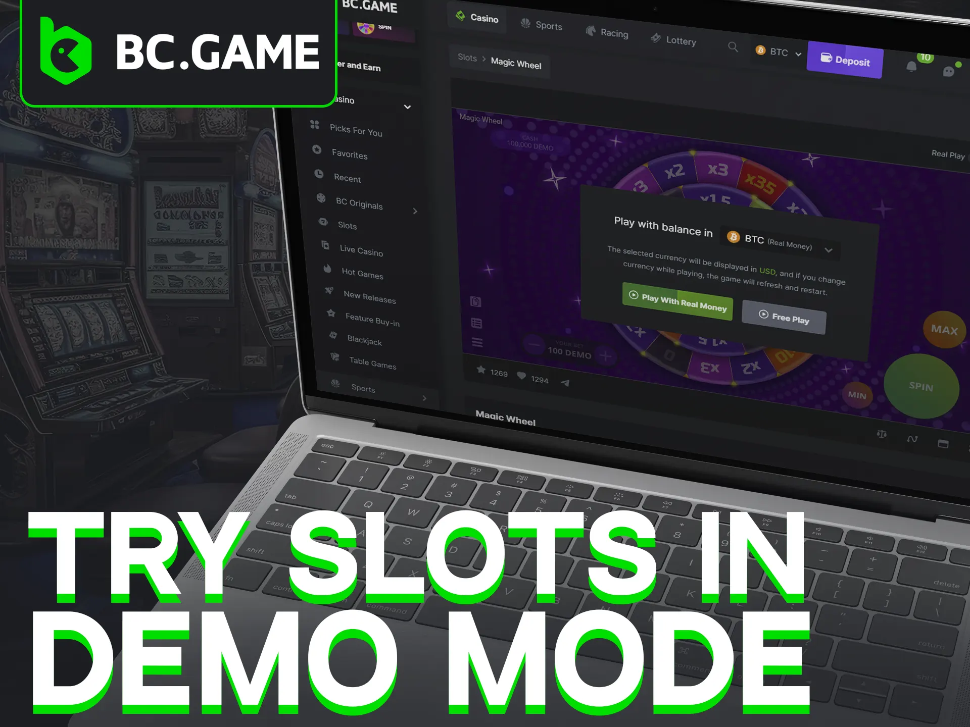 Use BC Game's demo mode to practice and explore slots at no cost.