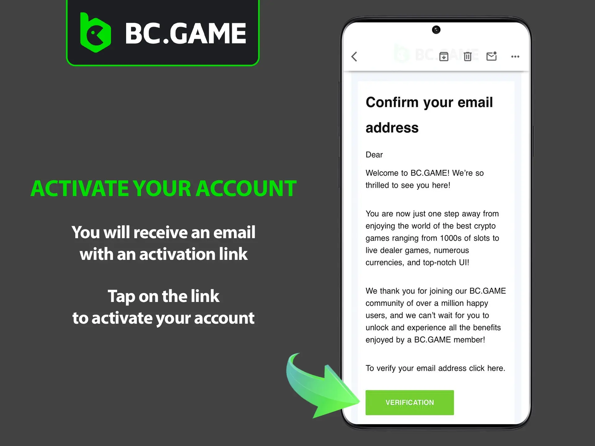 Complete the account confirmation process to unlock all the features and tools available on the BC Game website.