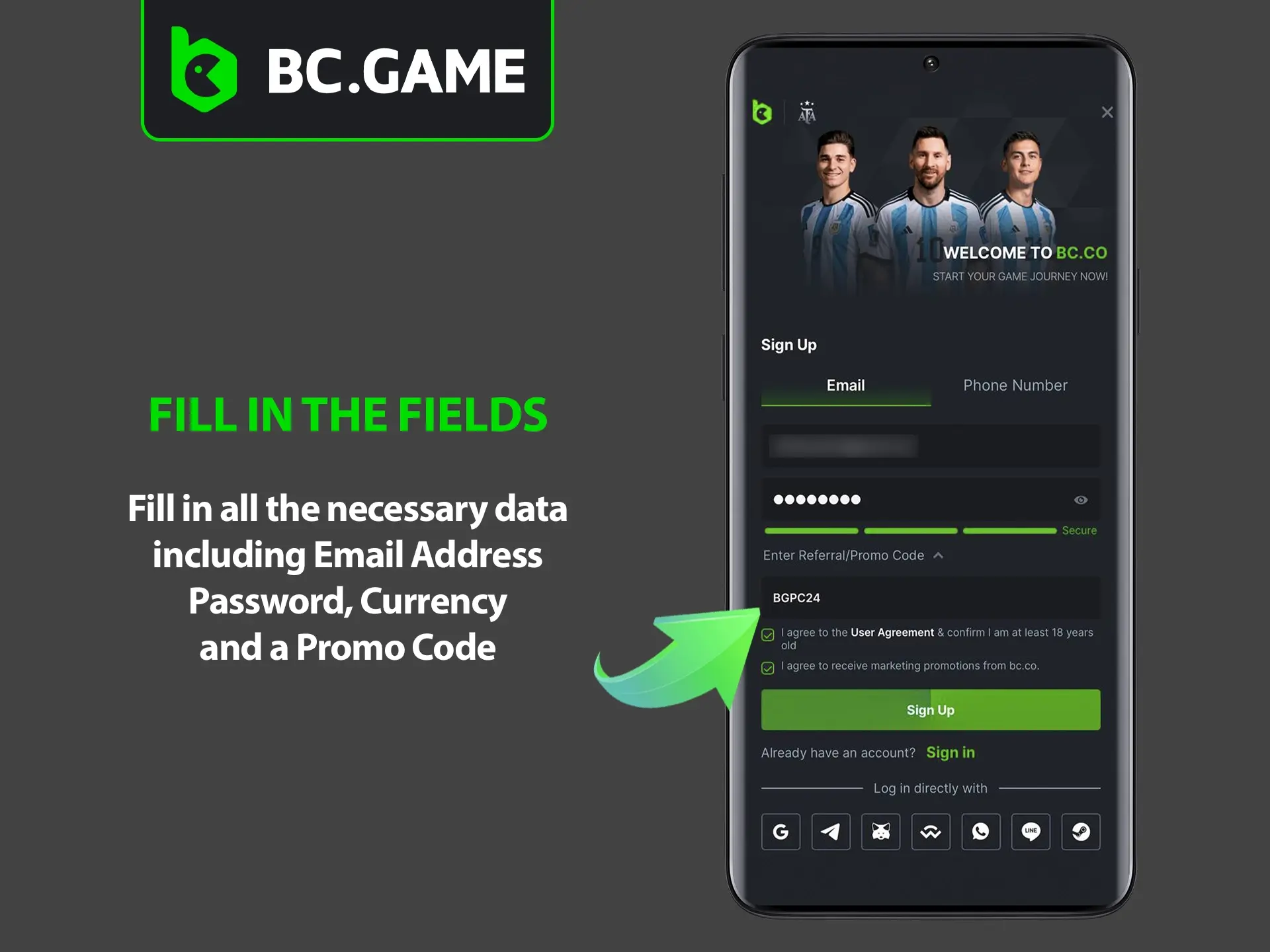 Take your time to accurately complete the BC Game Casino registration form.