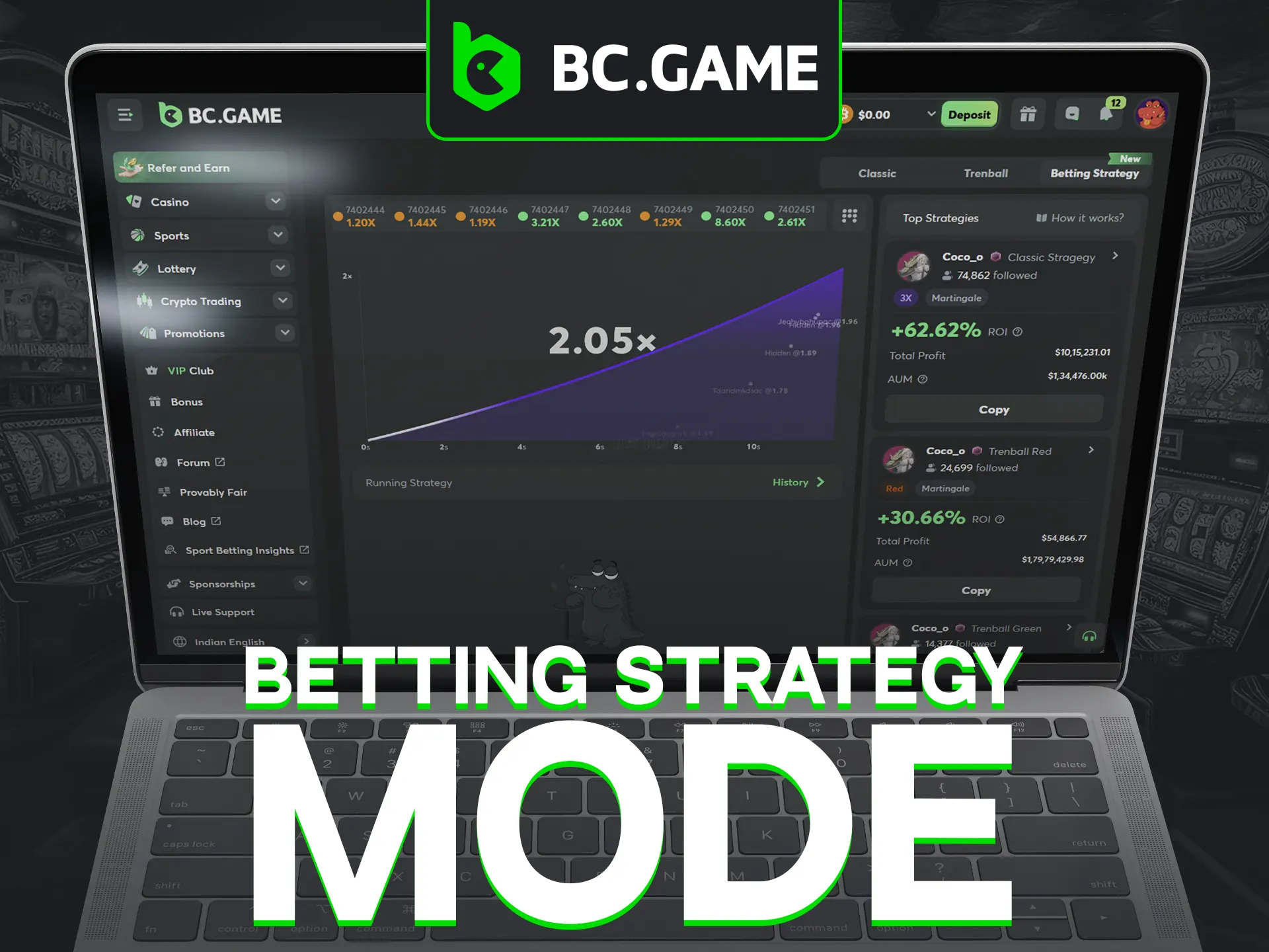 BC.Game’s Crash supports professional betting strategies like the Martingale system.