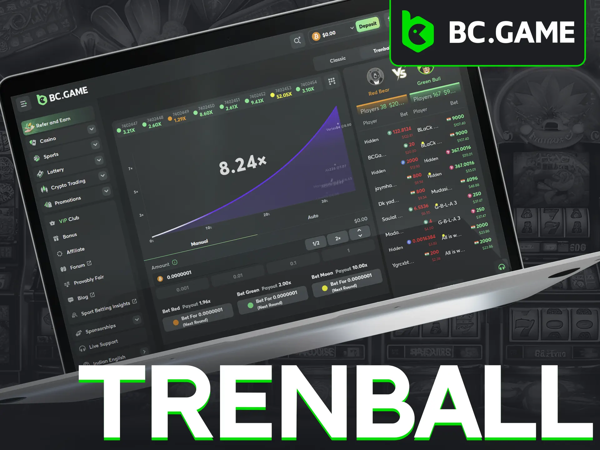 Predict market trends and bet on the direction of multipliers in BC.Game’s Crash Trenball mode.