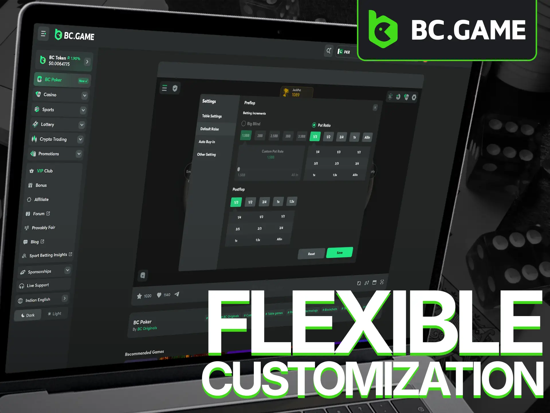 BC Poker on the BC Game platform is fully customizable to match your playing style.