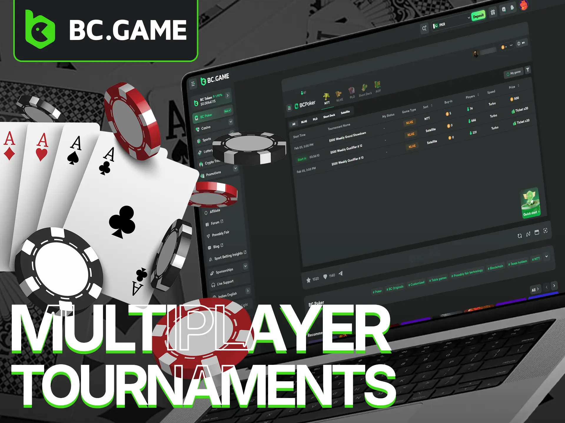 Jump into BC Game's multiplayer poker tournaments for a shot at winning some truly impressive prize pools.