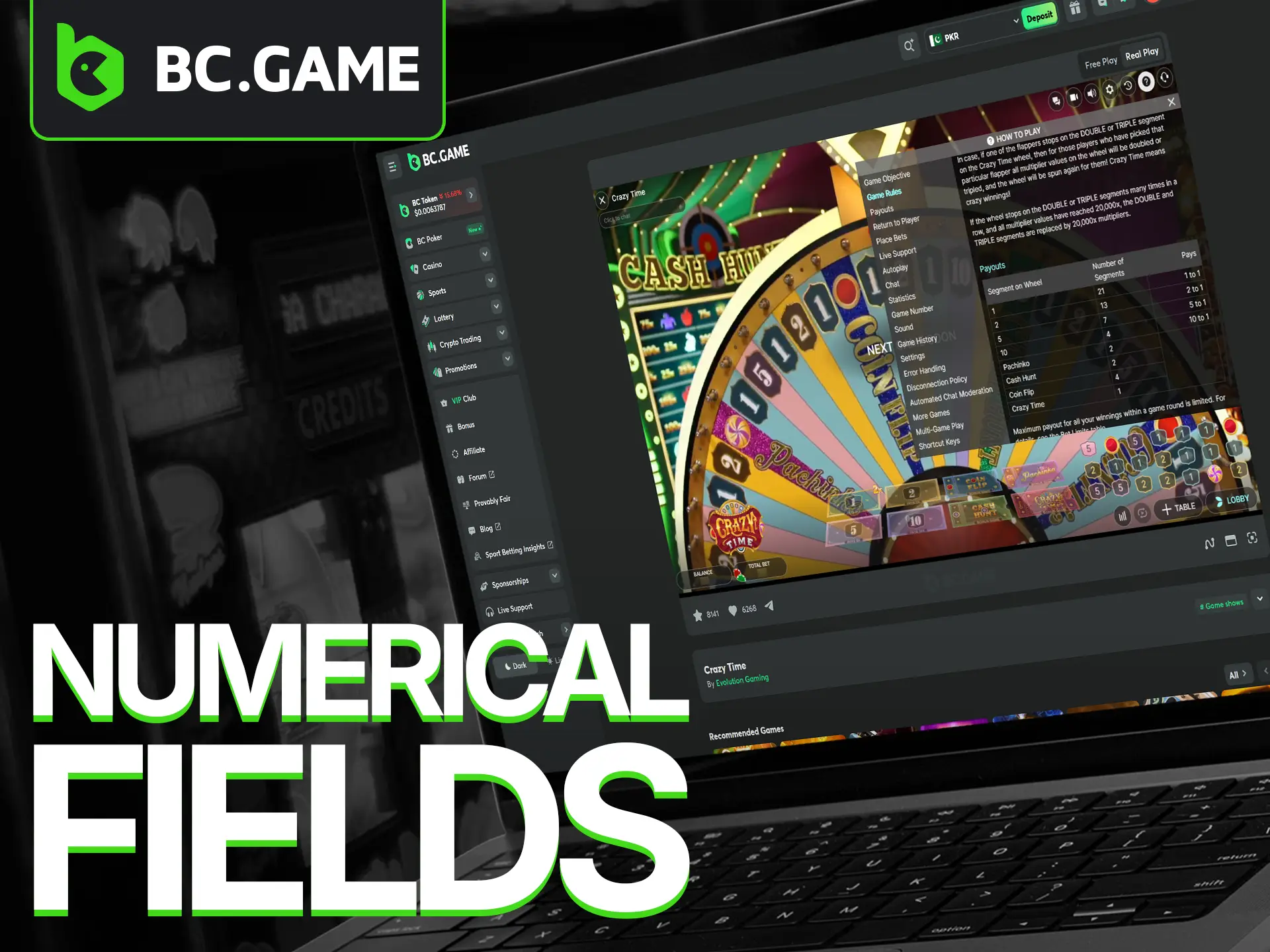 Check out how the different segments on the Crazy Time wheel at BC Game pay out.