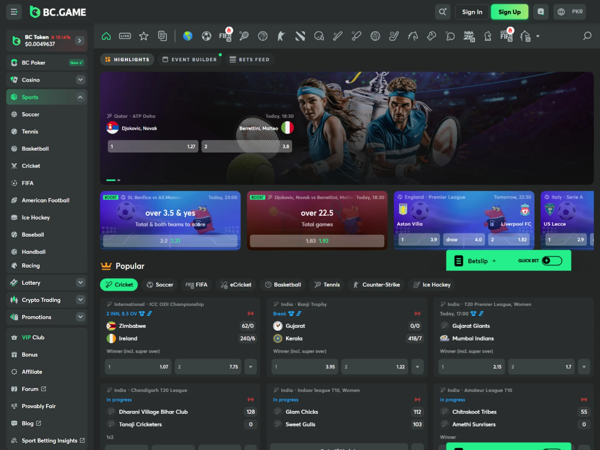 Explore a vast selection of sporting events and place your bets with BC Game.