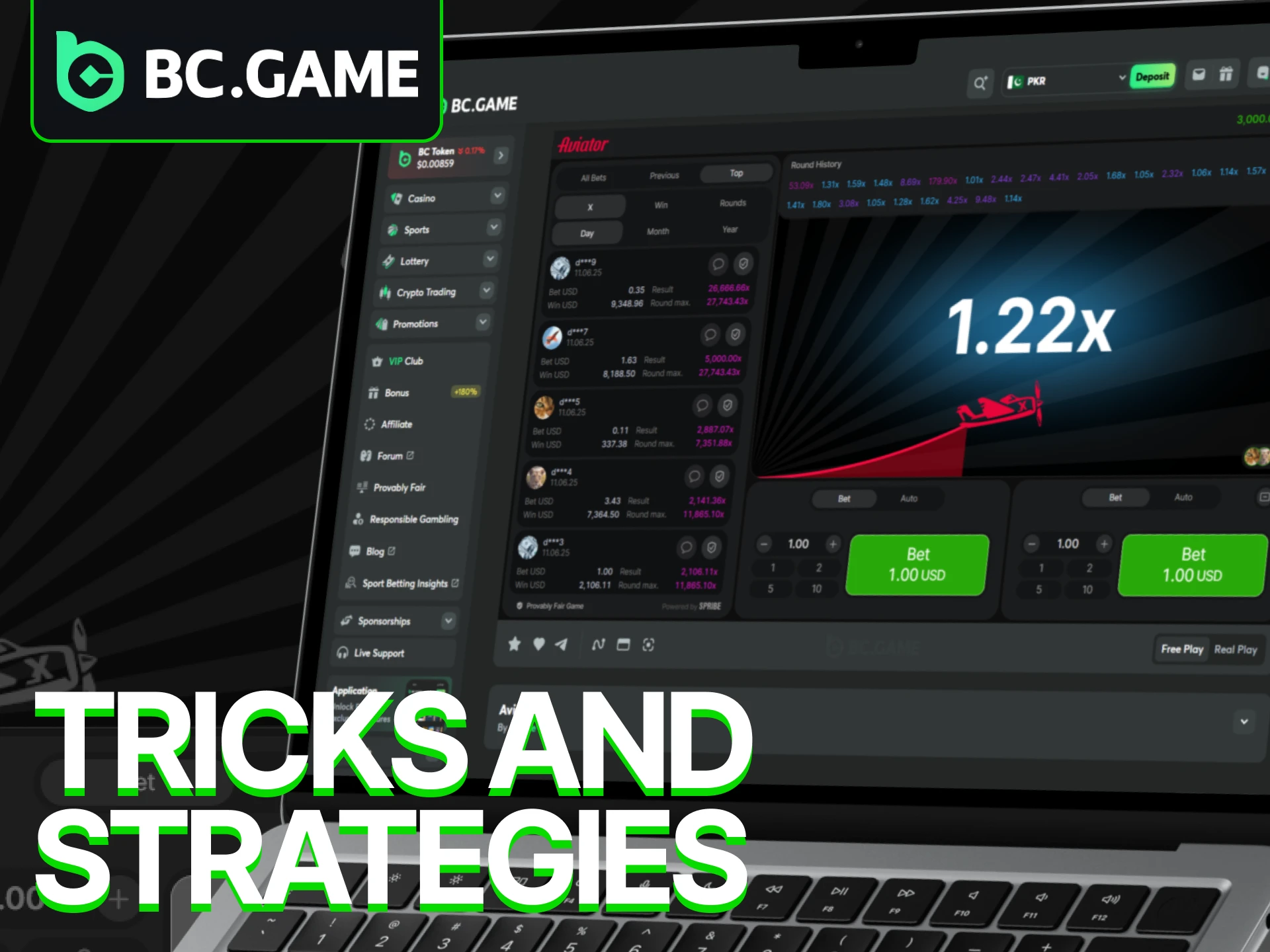 Experiment with different winning strategies while playing Aviator at BC Game.