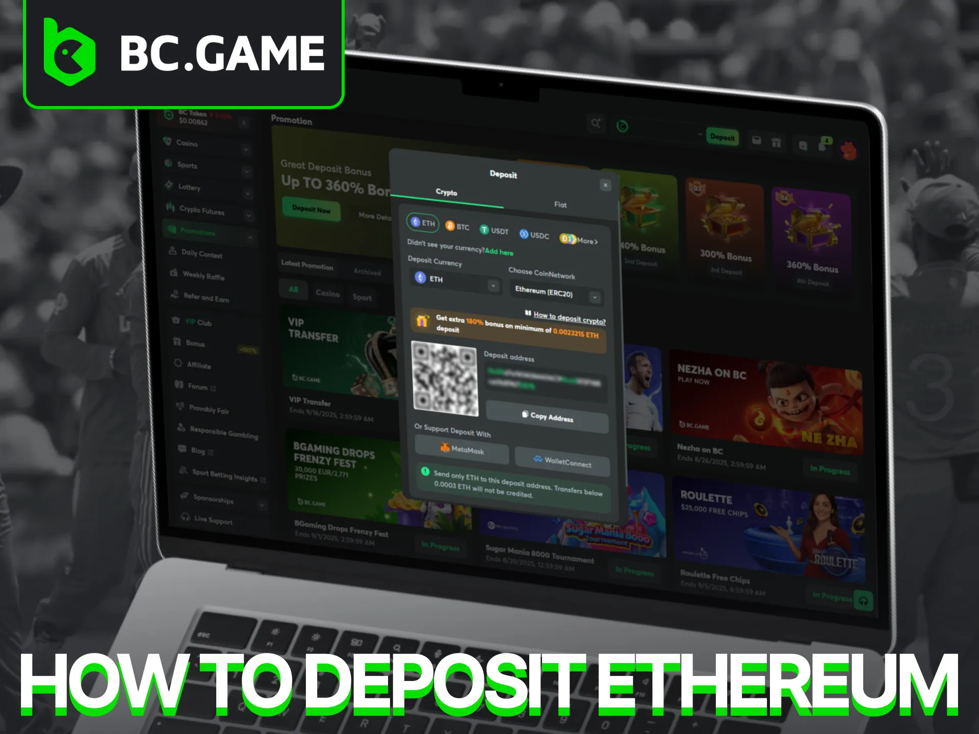 Use Ethereum to quickly and securely fund your BC Game profile.